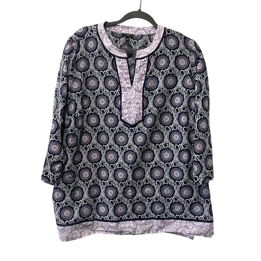 Talbots Tunic Top Navy Lilac Medallion Split Neck Cotton Blouse Women's 2XP